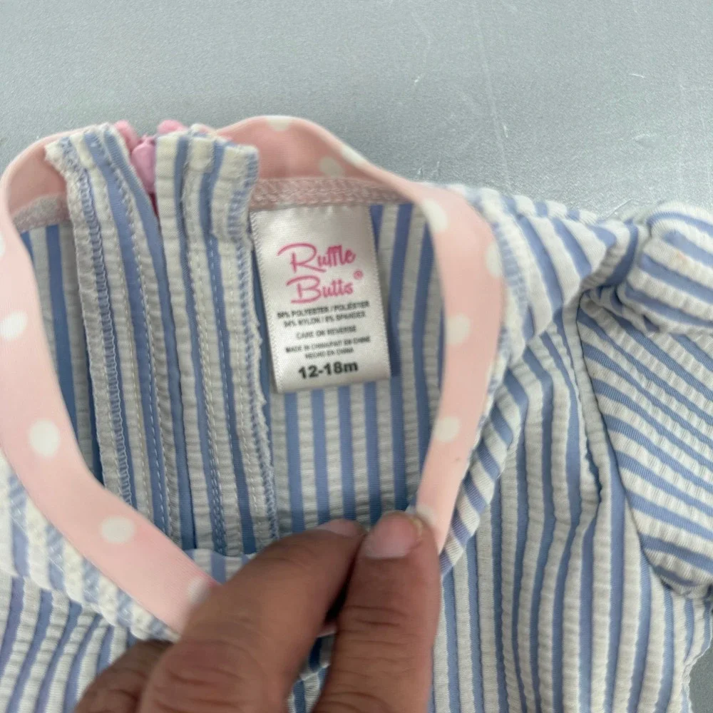 RuffleButts Baby Girl‎ Blue Seersucker Striped LS One Piece Swimsuit 12-18M